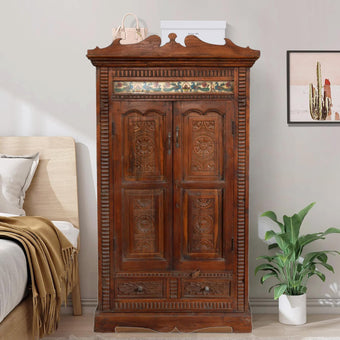 Antique Armoire Dark Wood Rustic Farmhouse Carved Cabinet